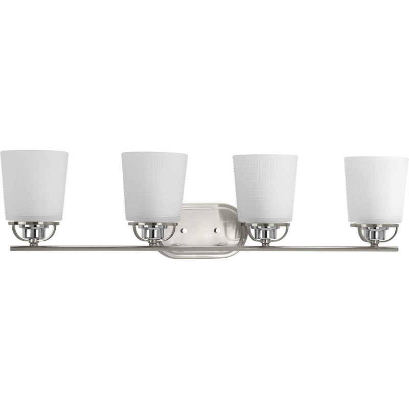 Progress P300007-009 West Village Collection Four-Light Brushed Nickel Etched Double Prismatic Glass Farmhouse Bath Vanity Light Main Image.jpg