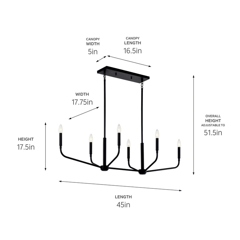 Kichler 52721BK Six Light Linear Chandelier, Black (6)